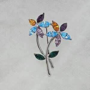 Vintage MONET Signed Silver Tone & Multicolor Rhinestones Pinwheel Flower Brooch